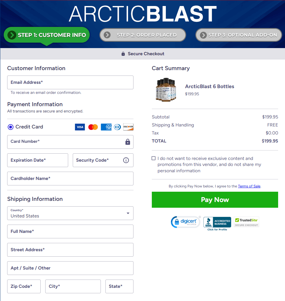 Secure Arctic Blast checkout page with safe payment, USA ordering, and money-back guarantee